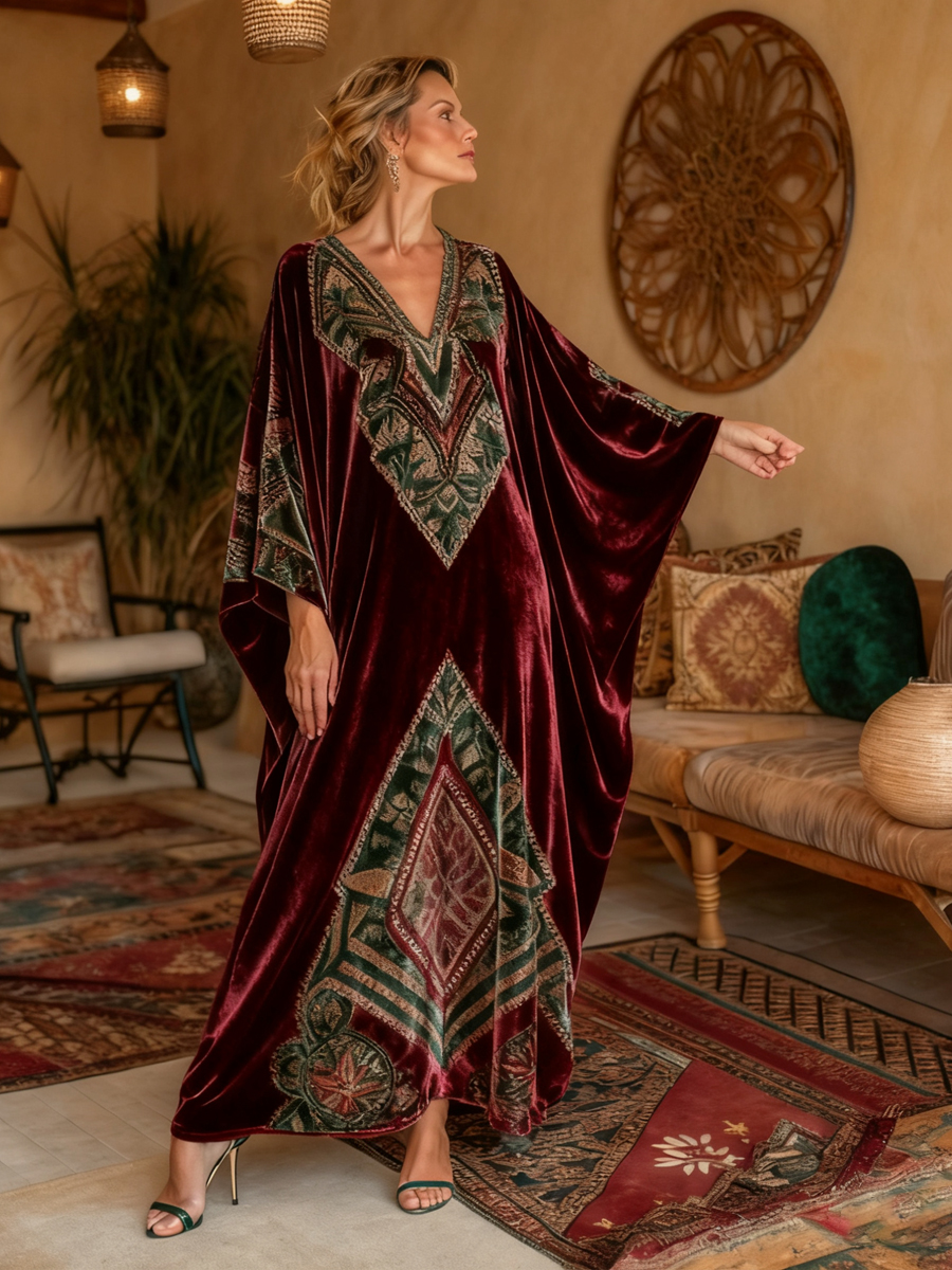 Women's Bohemian Art Pattern V-Neck Long Cover-Up Velvet Skirt