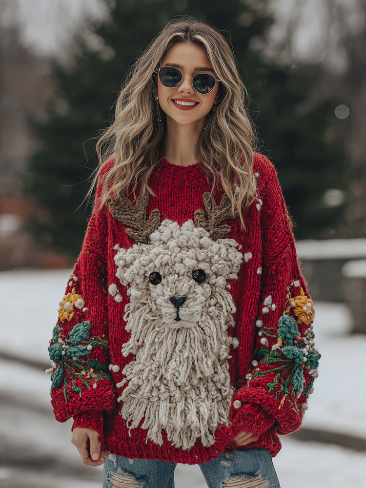 Cozy Cute Alpaca Christmas Greetings Chunky Knit Sweater