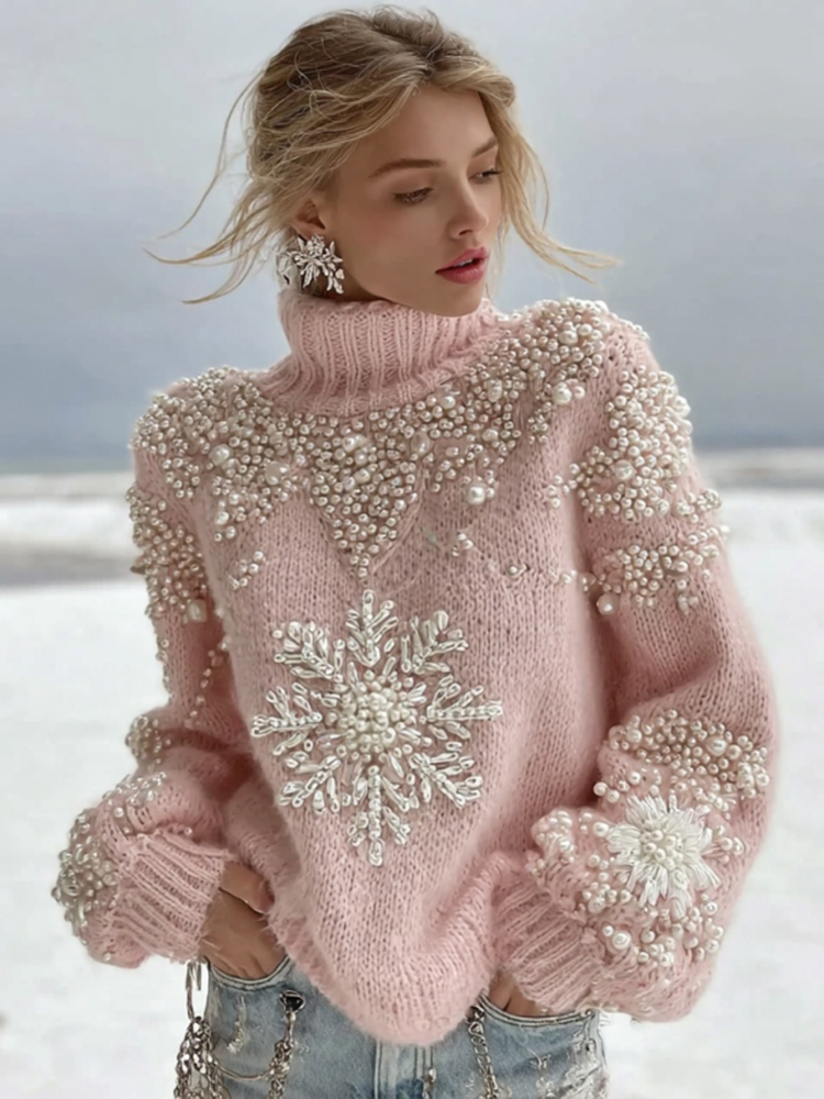 Women's Christmas Snowflake Pattern Cozy Knit Turtleneck Sweater