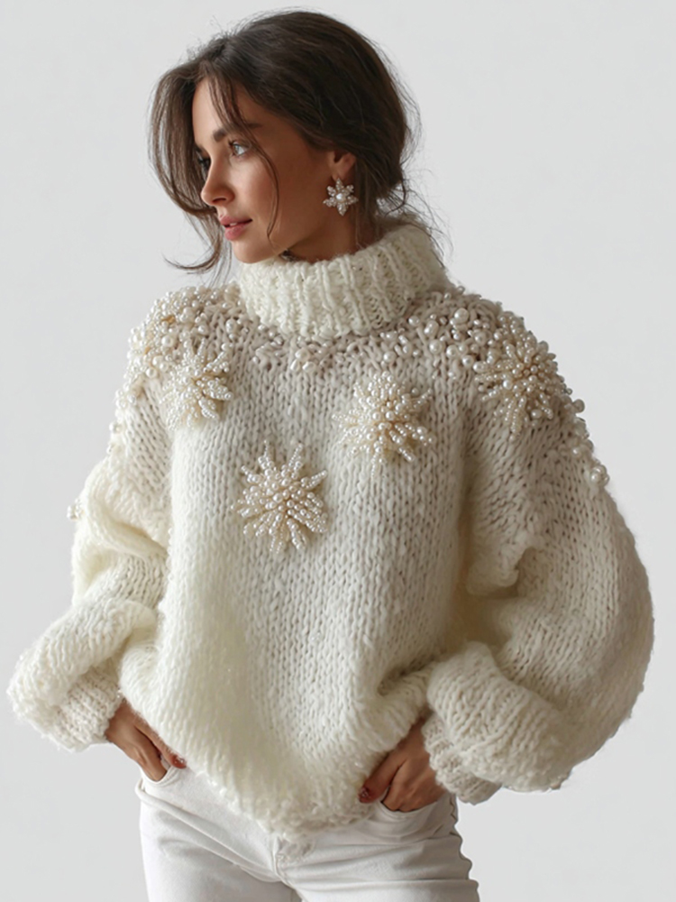 Women's White Christmas Decorations Snoeflake Art High Neck Sweater