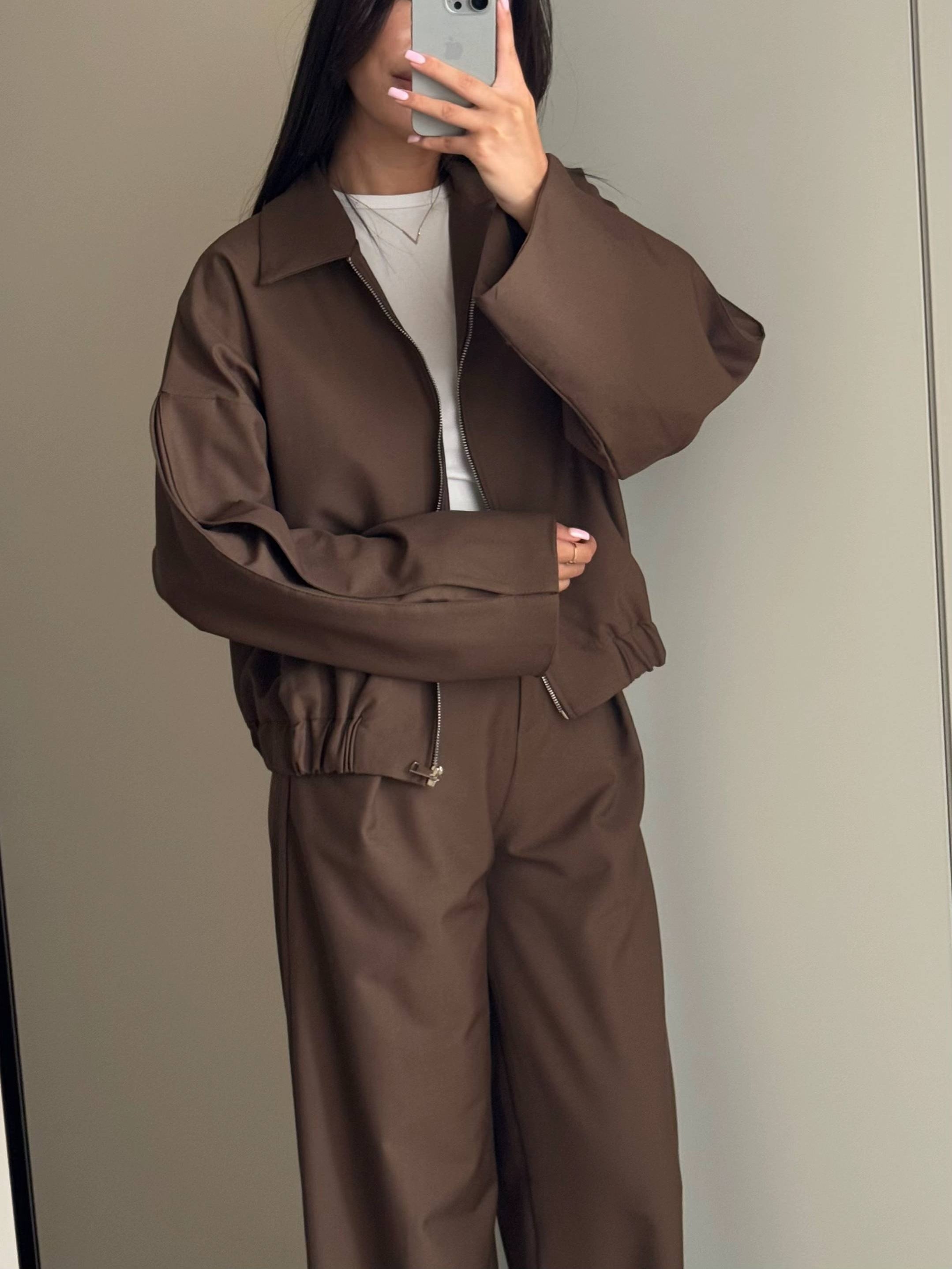 Zippered Jacket And Wide-leg Pants Two-piece Suit