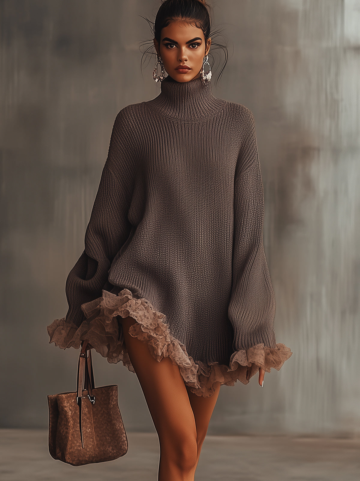 Brown Ruffled Hem Turtleneck Sweater Dress