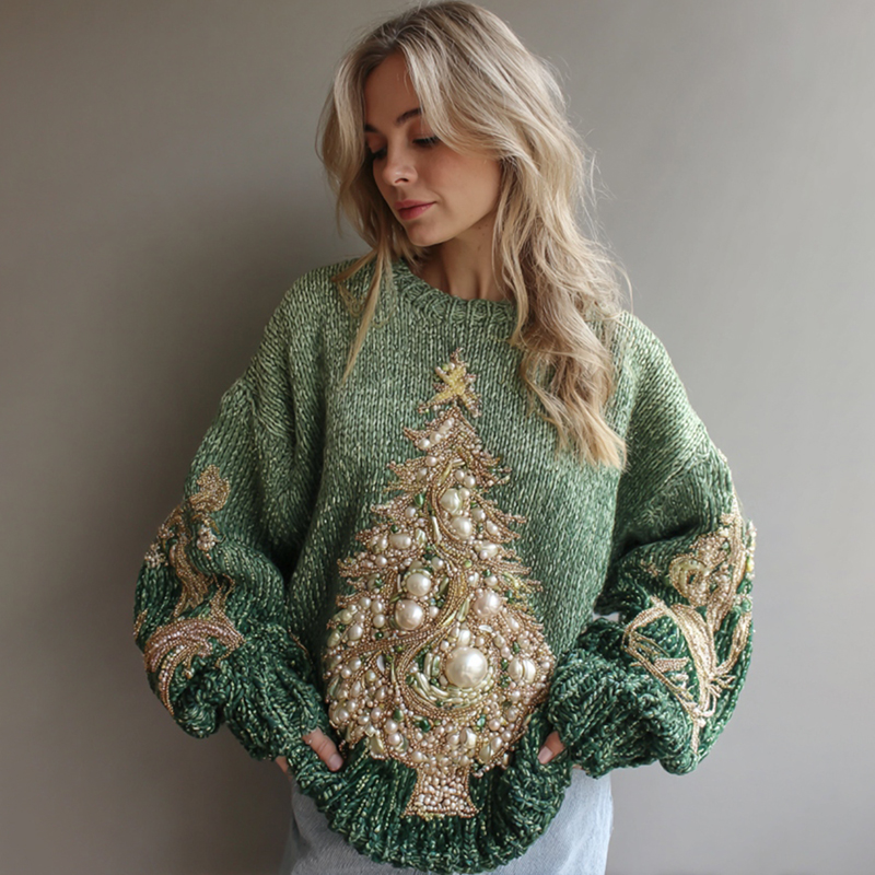 Women's White Christmas Tree Gradient Art Crew Neck Sweater