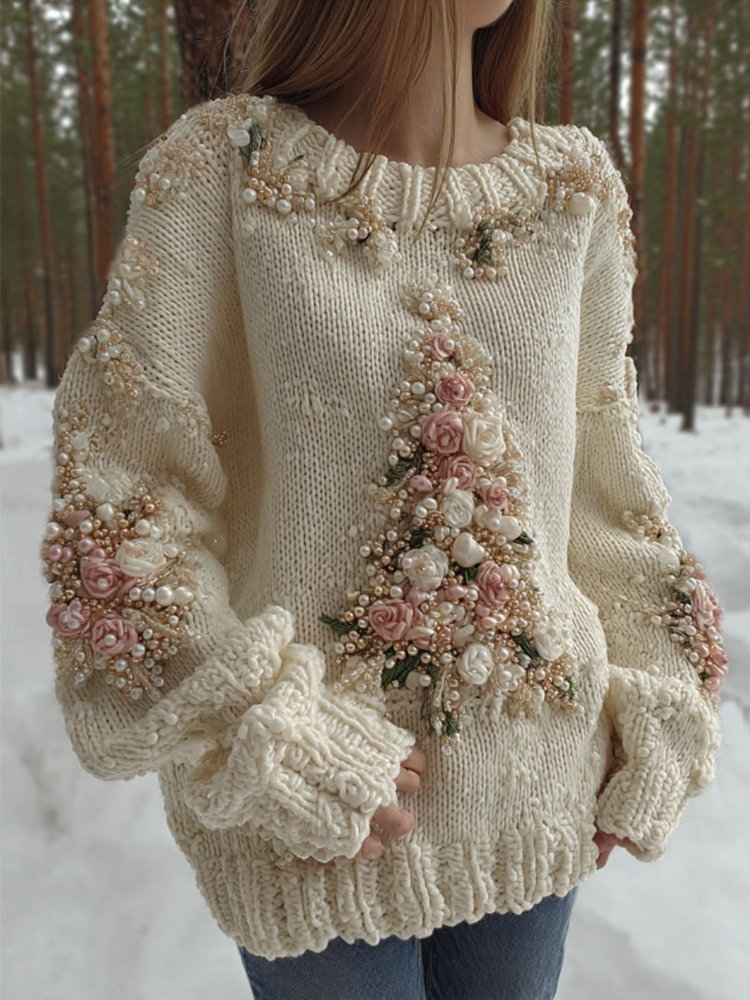 Women's Pearl & Rose Christmas Tree Art Crew Neck Sweater