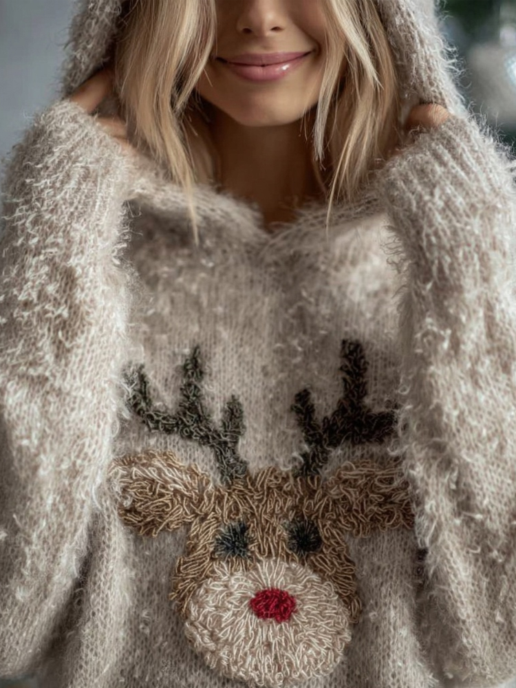 Cute Fuzzy Reindeer Face Embroidered Cozy Hooded Sweater