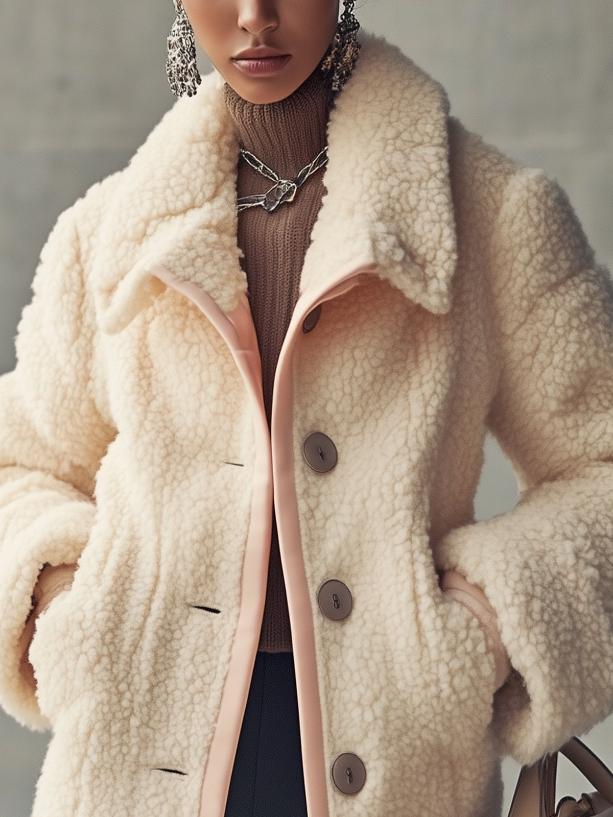 Cream Shearling Jacket With Pink Trim And Pocket