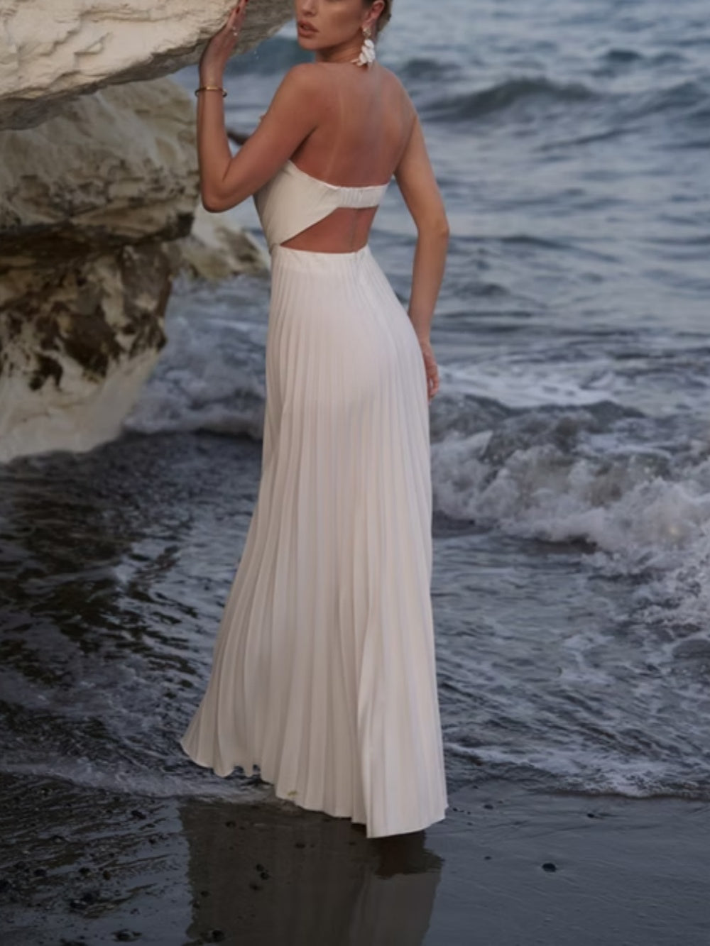 Evening Pleated Off Shoulder Maxi Dress Shell