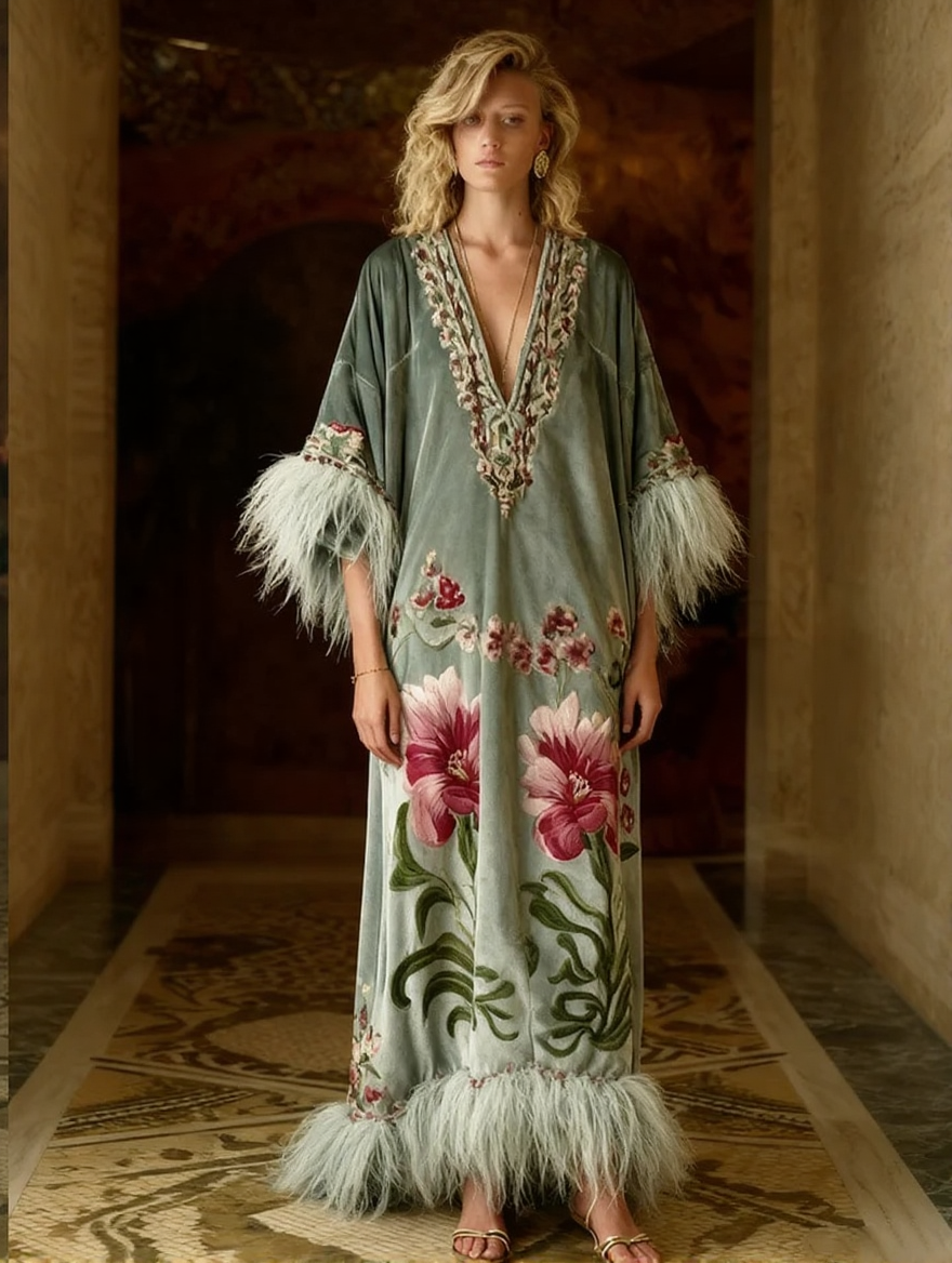 Artistic print V-neck loose-fitting fluffy long robe for autumn and winter