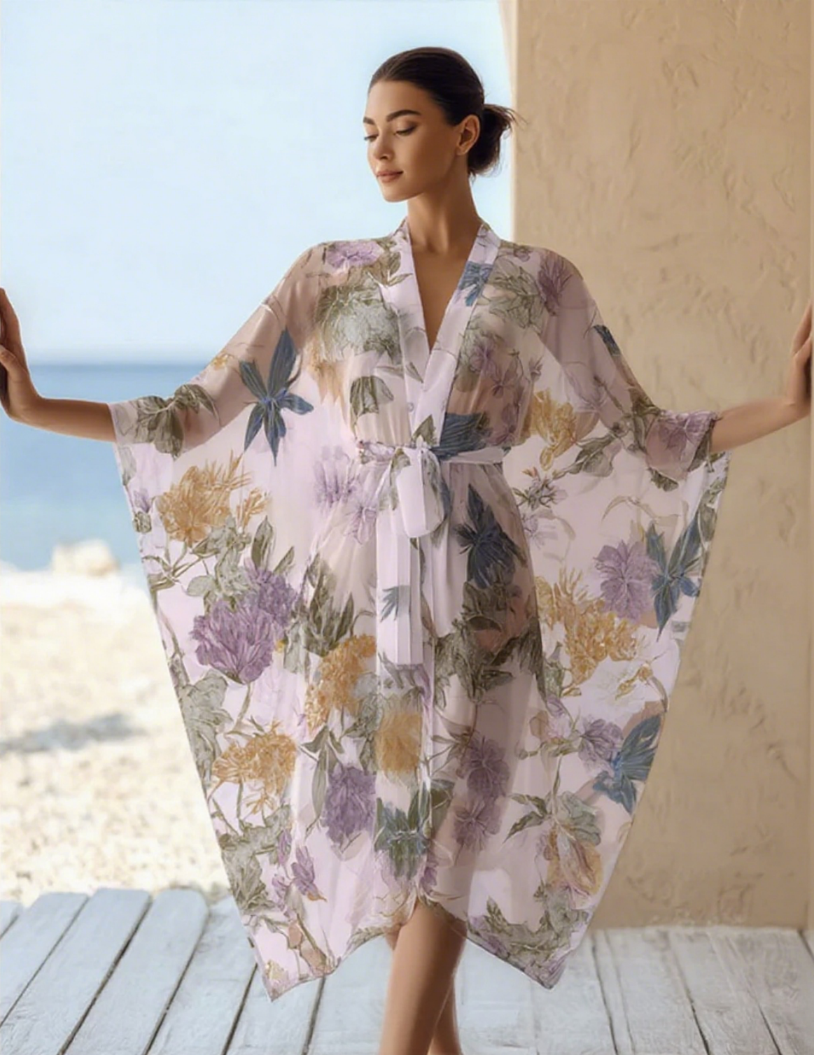 Chiffon Art Resort Pattern Kimono Robe (with Belt)