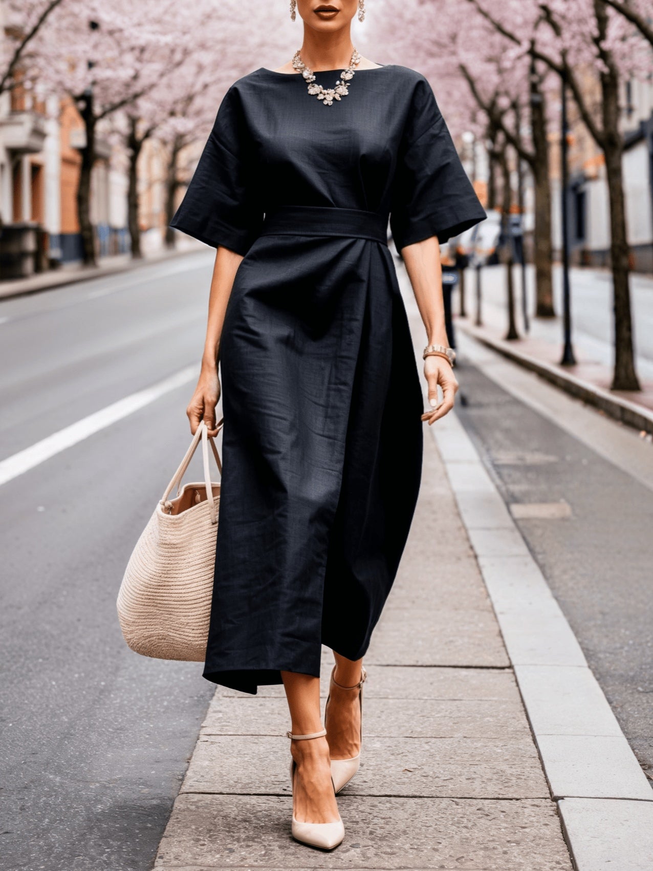 Linen Boat Neck Tie Loose Dress