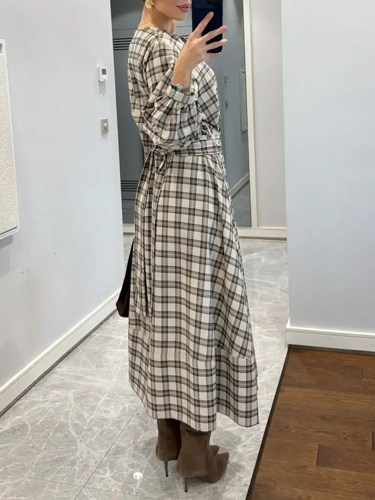 Plaid Patterned Belted Midi Dress