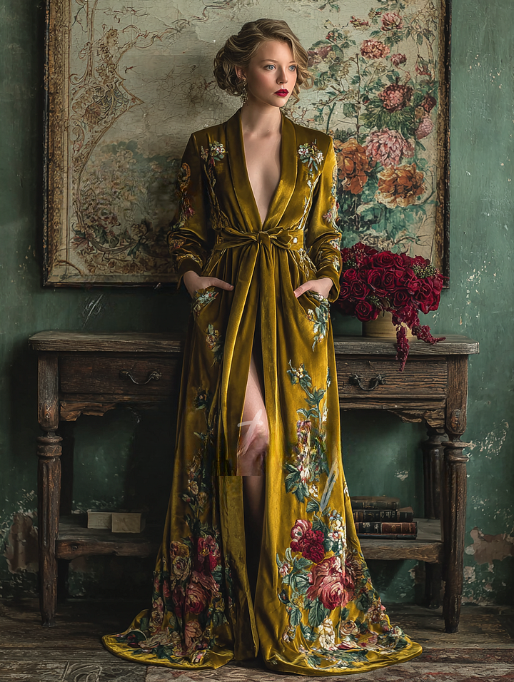 Women's Vintage Gorgeous Slim-Fit Yellow Velvet Robe (belt Included)