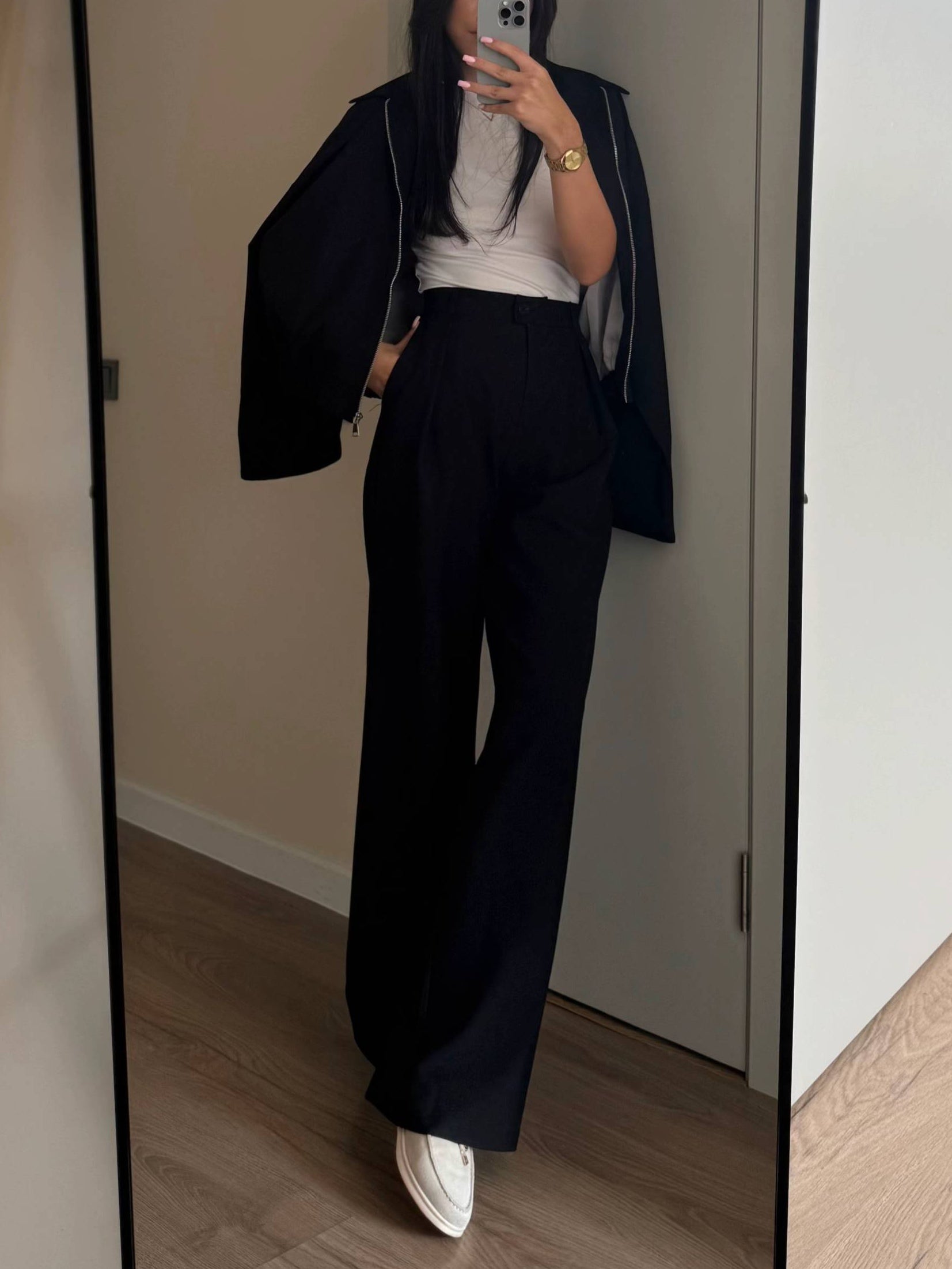 Zippered Jacket And Wide-leg Pants Two-piece Suit