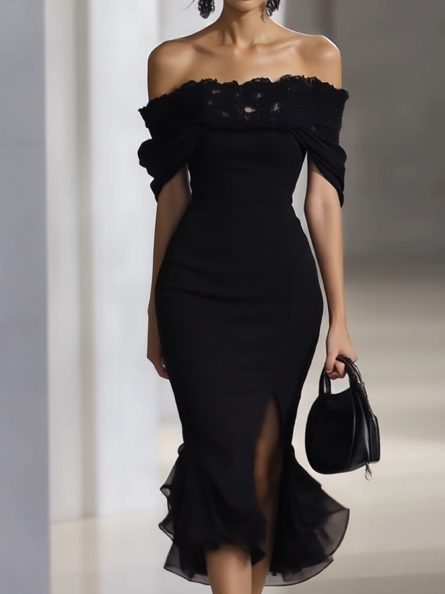 Shipping Off Shoulder Black Chiffon Dress With Lace