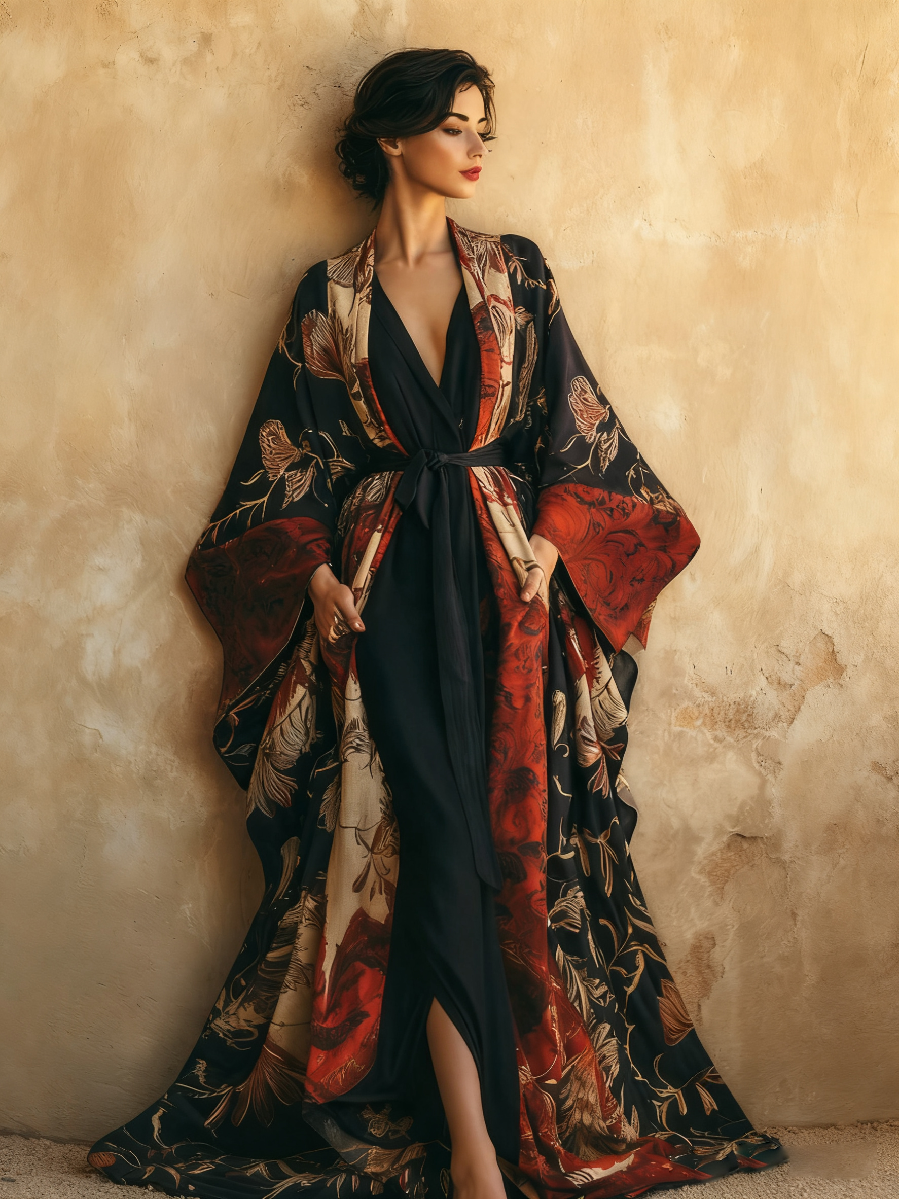 Women's Elegant Abstract Art Print Kimono Robe (Including Belt)