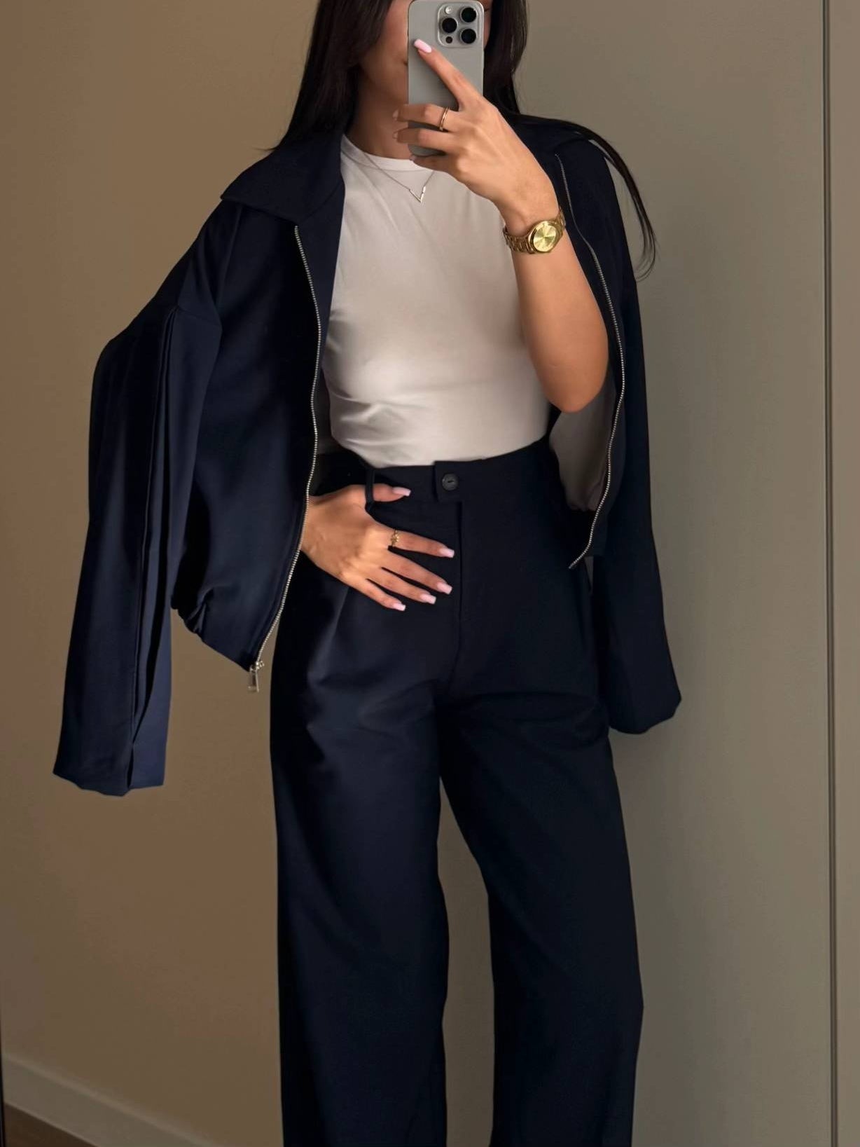 Zippered Jacket And Wide-leg Pants Two-piece Suit