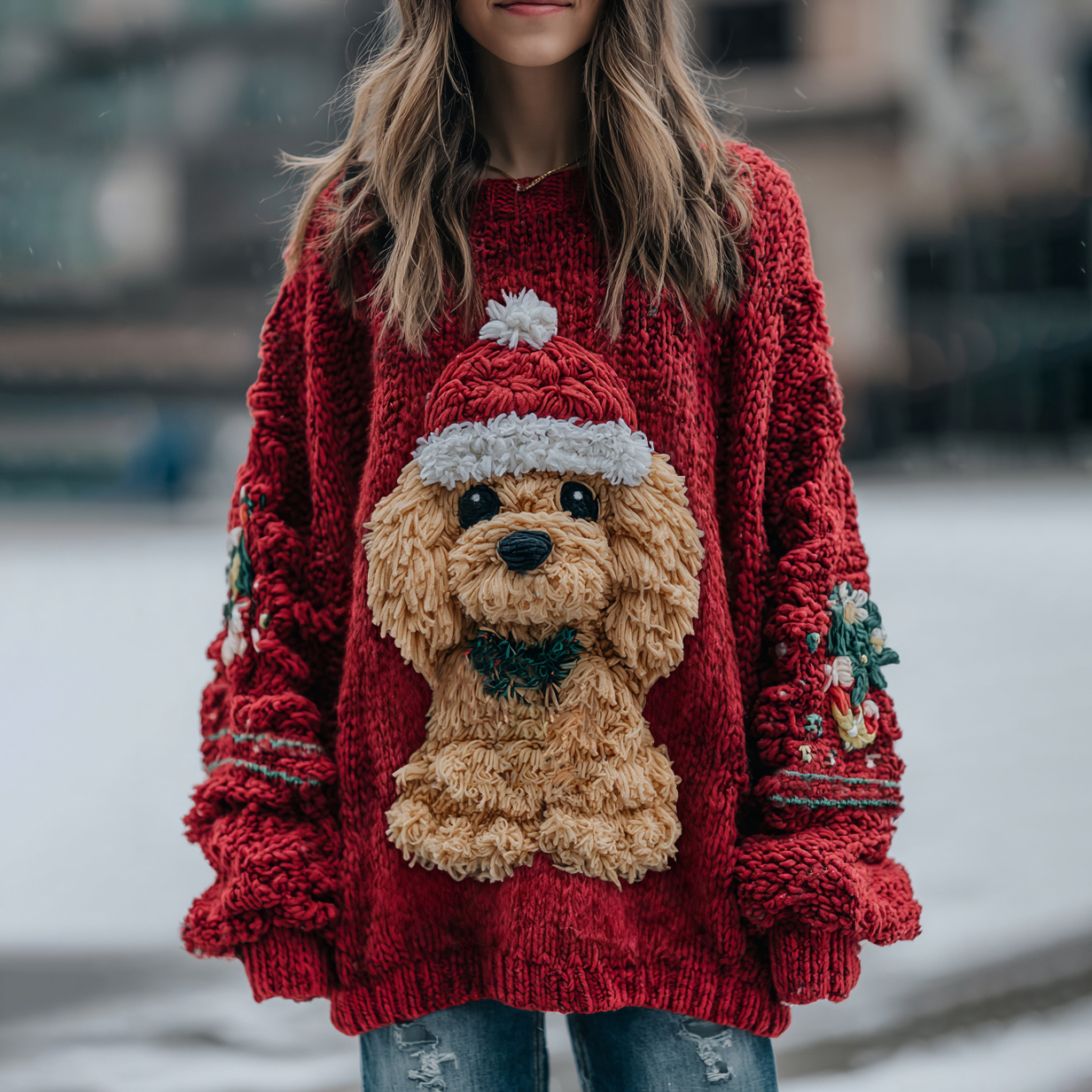 Cozy Cute Teddy Puppy Christmas Chunky Knit Sweater