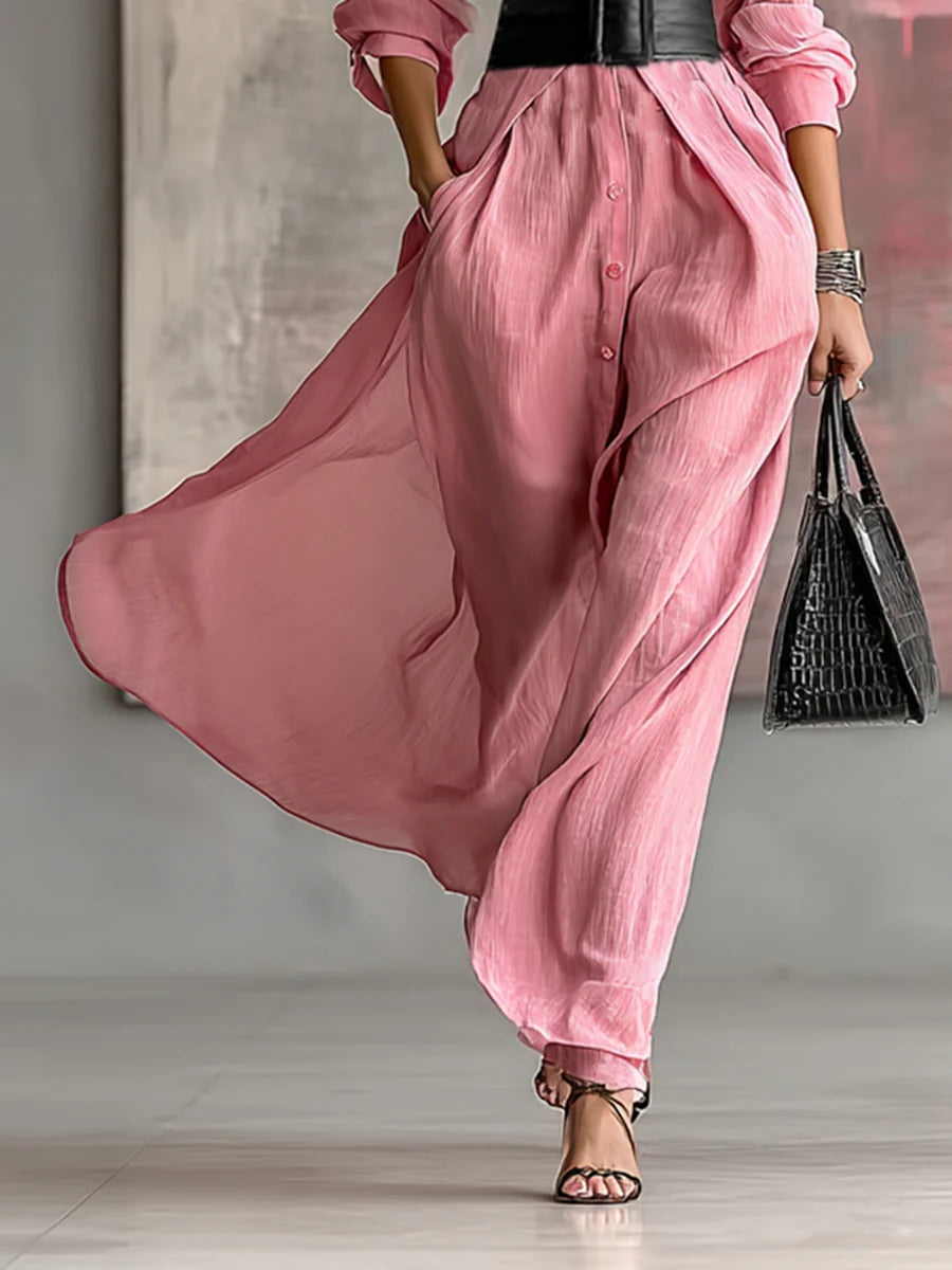 Pink Lapel Long-sleeved Single-breasted Tie-down Maxi Shirt Dress