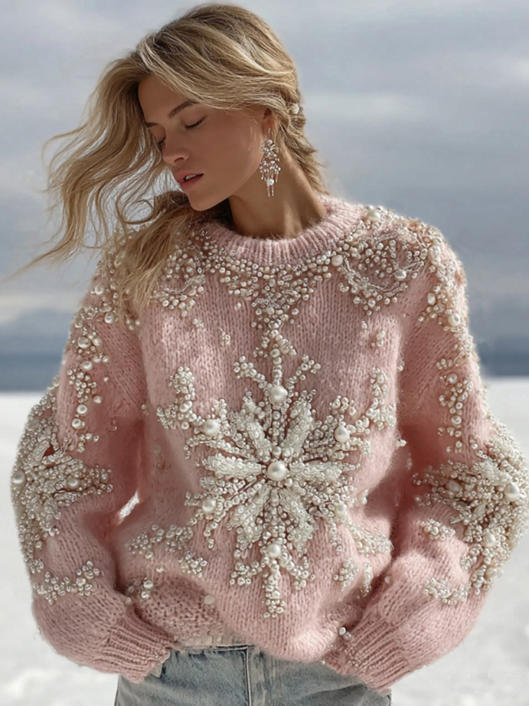 Women's Christmas Snowflake Pattern Cozy Knit Pullover Sweater