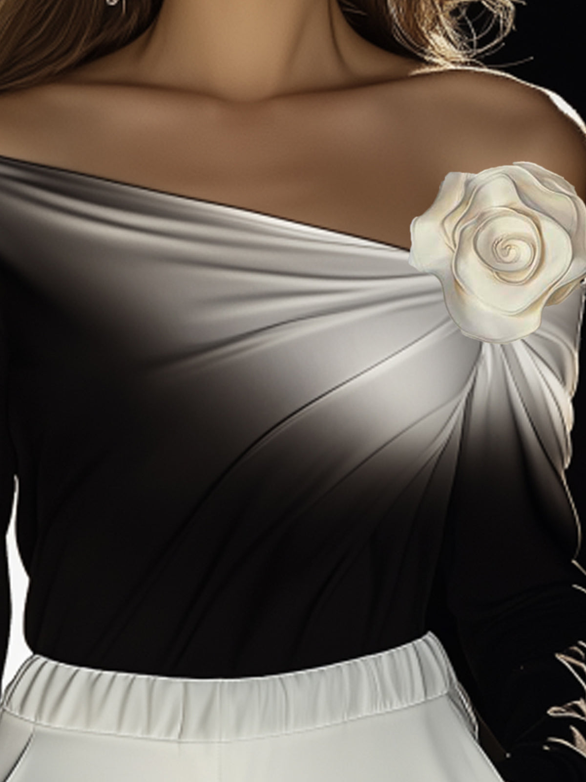 Shipping One-Shoulder Gradient Long-Sleeve T-Shirt With 3D Floral Embellishments