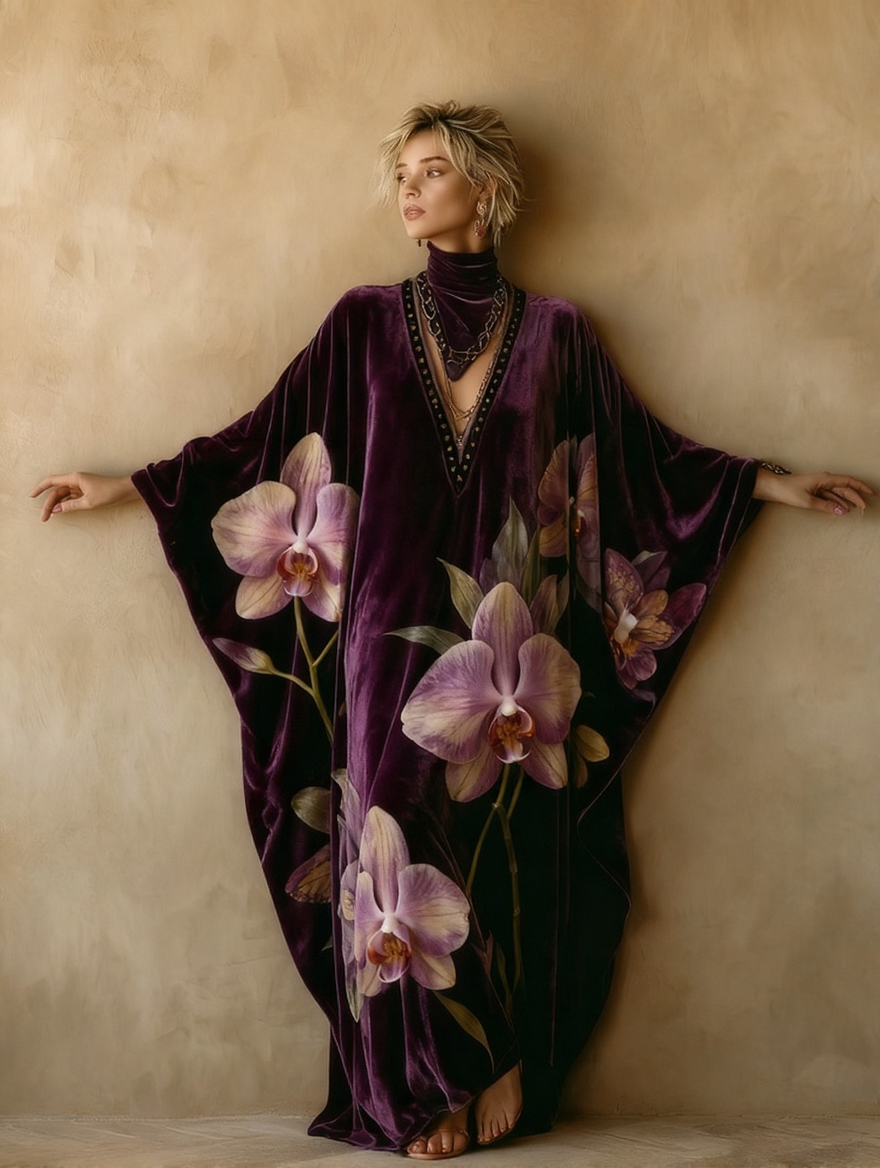 Women's Swallowtail Blue-printed Velvet Vintage V-neck Gown