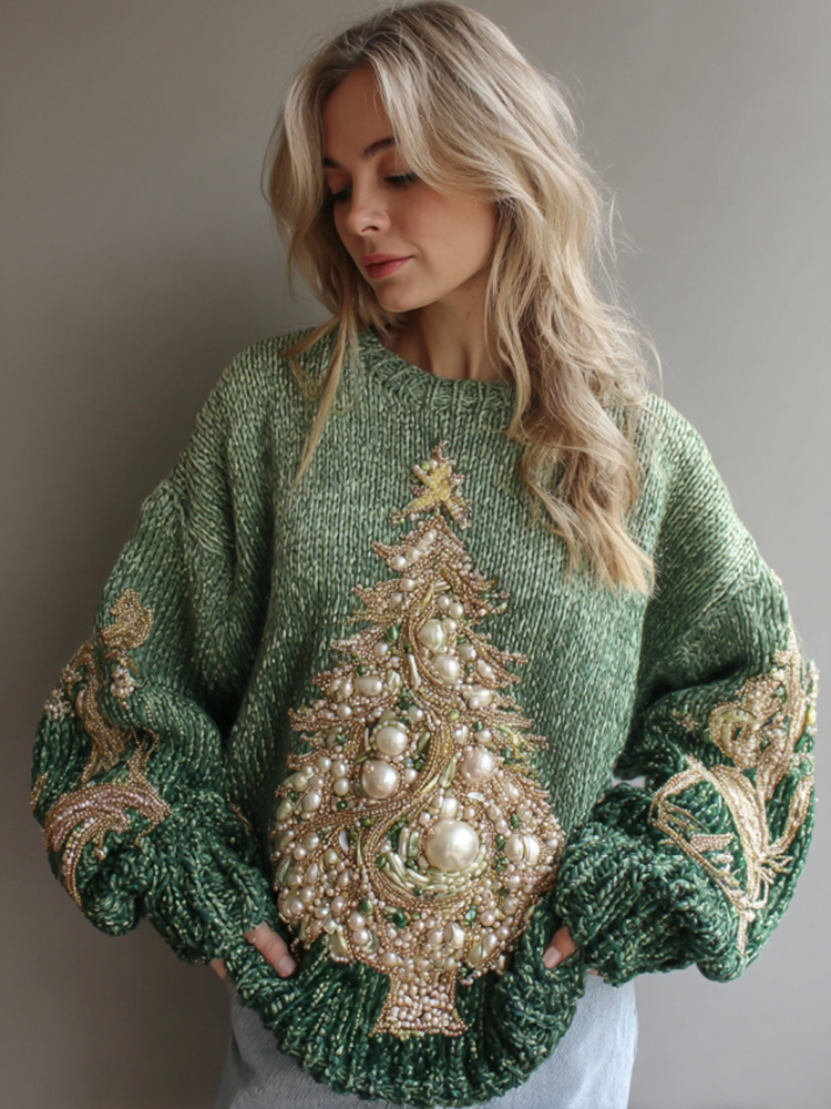 Women's White Christmas Tree Gradient Art Crew Neck Sweater