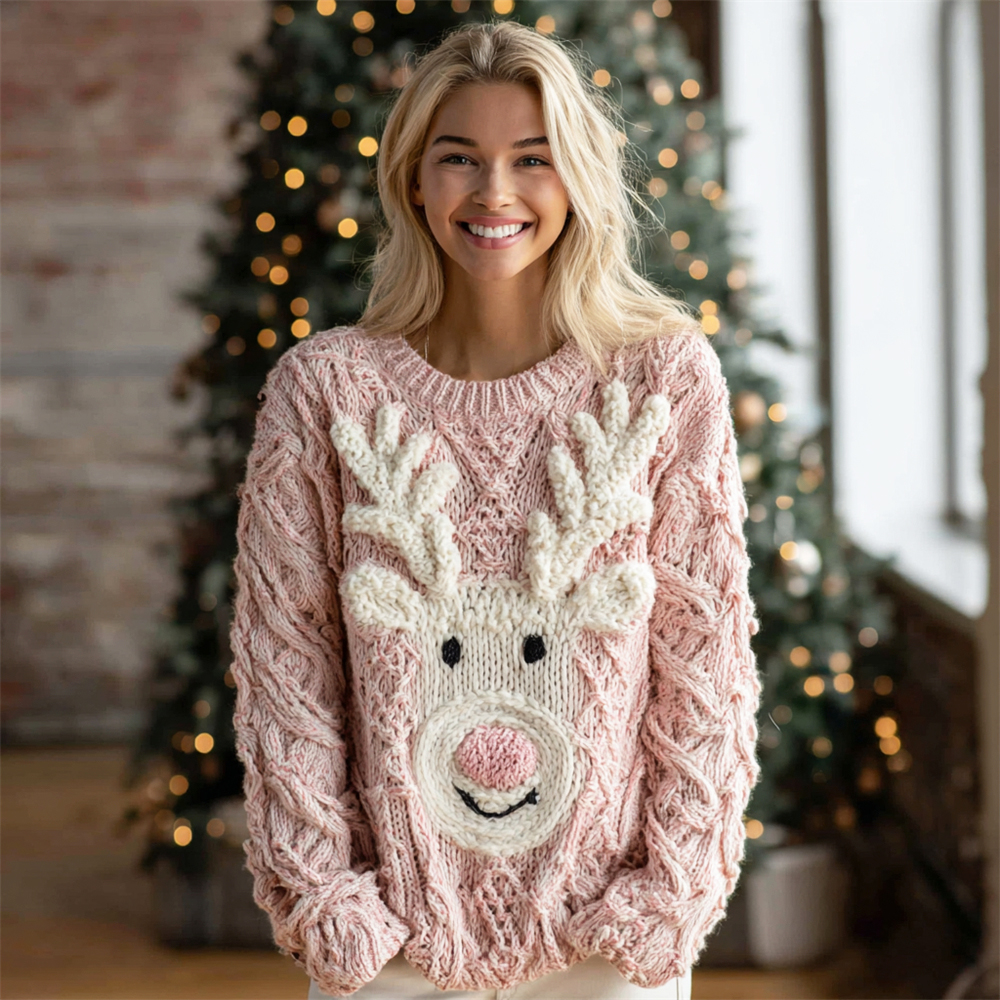 Christmas Cute Moose Face Knit Art Women's Crew Neck Sweater