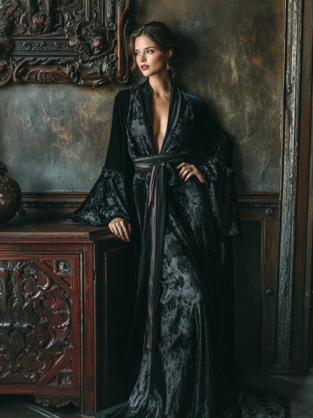 Women's Vintage Velvet Ornate Print Black Robe (belt Included)