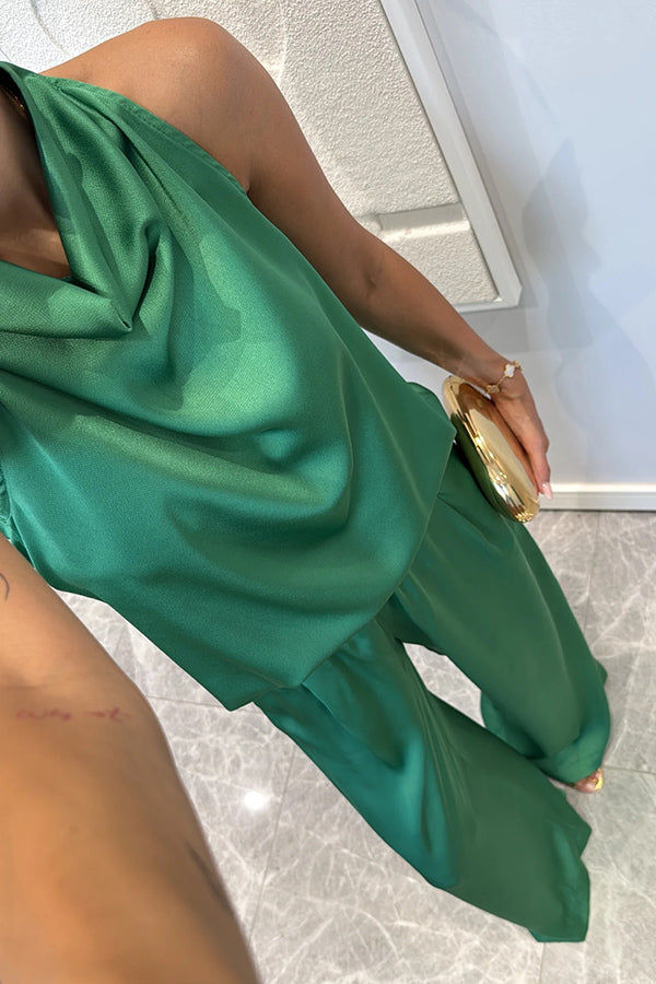 Classic on You Satin High Cowl Neck Top and Elastic Waist Pocket Loose Pants Set