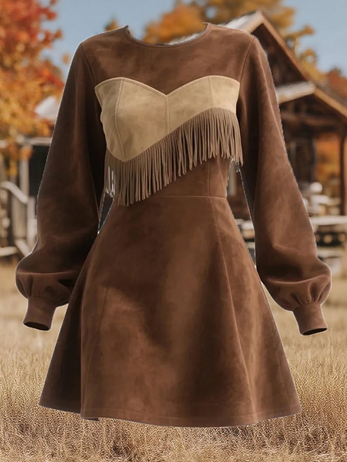 Women's Vintage Round Neck Tassel Dress