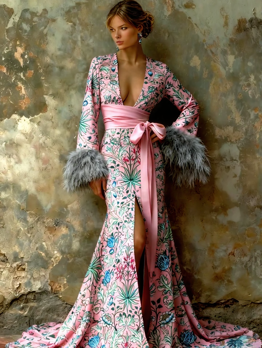 Artistic floral print plush kimono robe, autumn/winter long robe with sash.