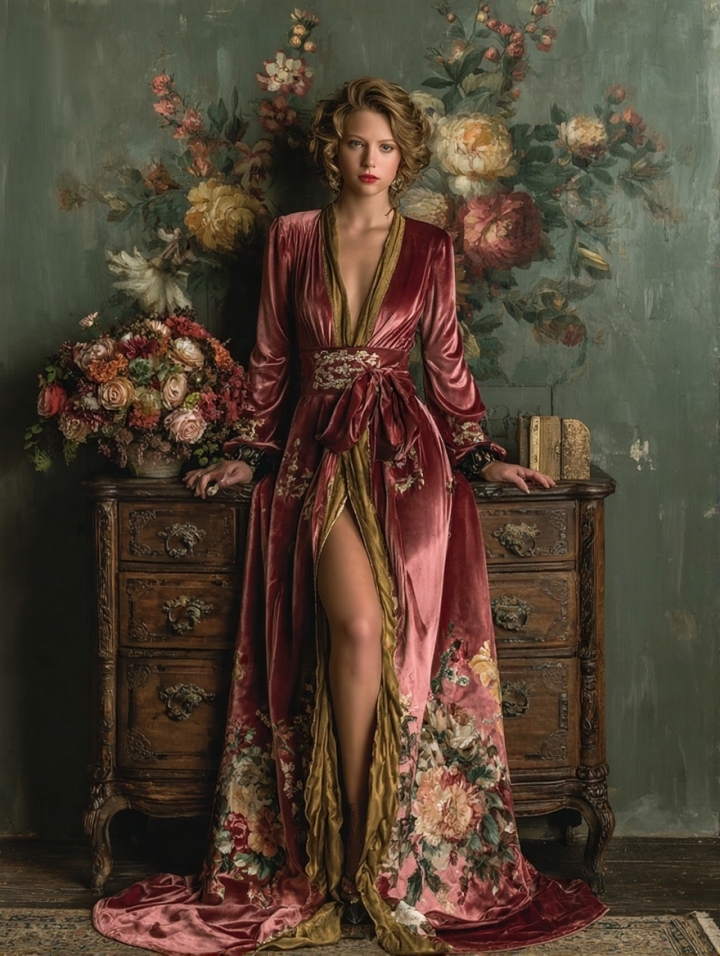 Women's Vintage Gorgeous Slim-Fit Pink Velvet Robe (belt Included)