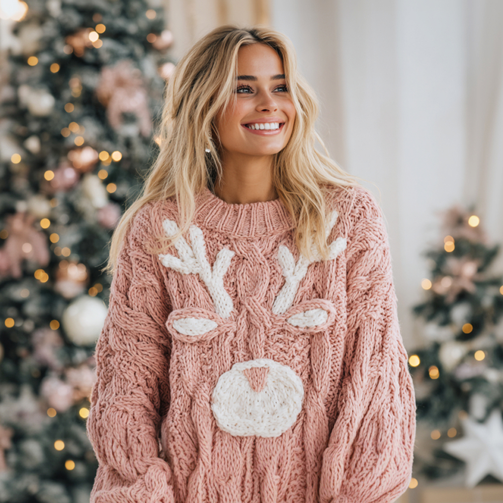 Christmas Cute Moose Face Women's Oversized Knit Sweater
