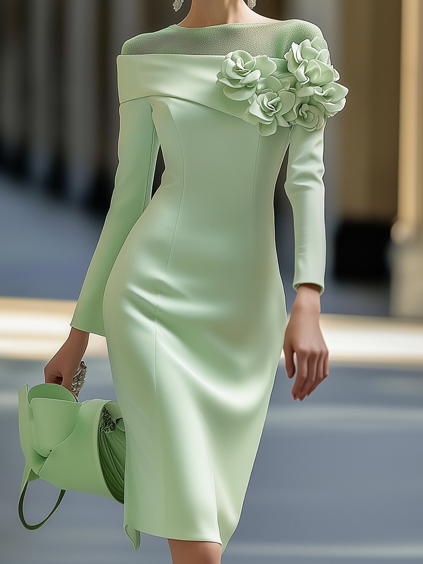 Shipping Light Green Midi Pencil Dress With Mesh And 3D Flower Decoration