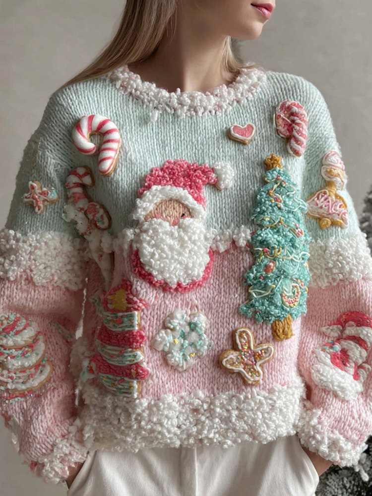 Women's Christmas Candy Embroidery Crew Neck Sweater