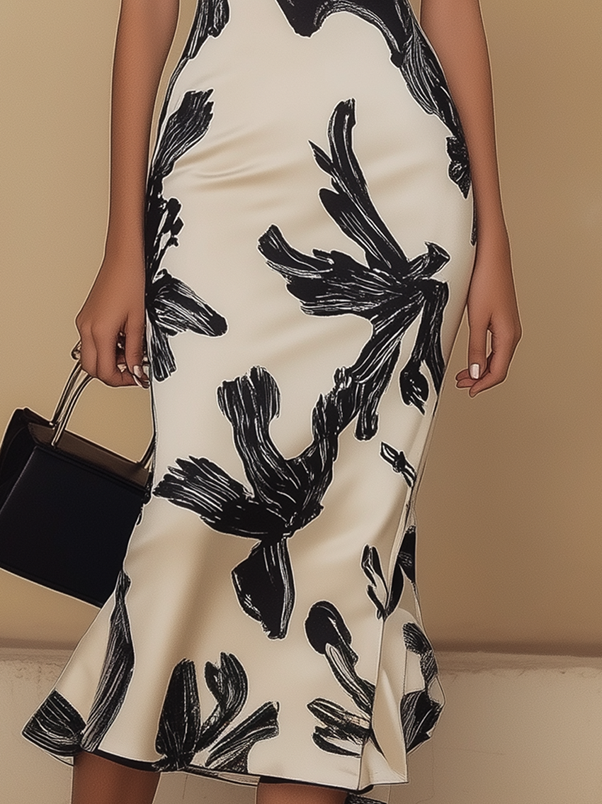 Shipping Off Shoulder Biege Midi Bodycon Dress With Black Elegant Print