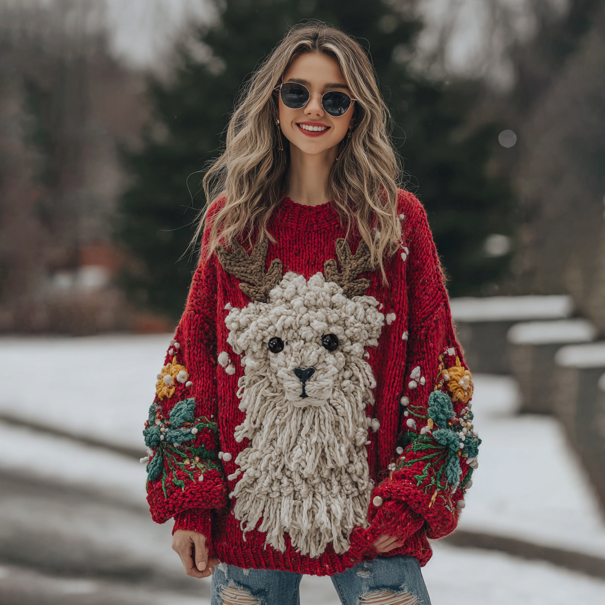 Cozy Cute Alpaca Christmas Greetings Chunky Knit Sweater