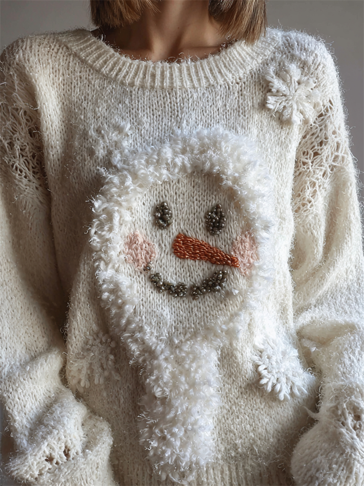 Fuzzy Snowman & Snowflakes Cozy Knit Sweater
