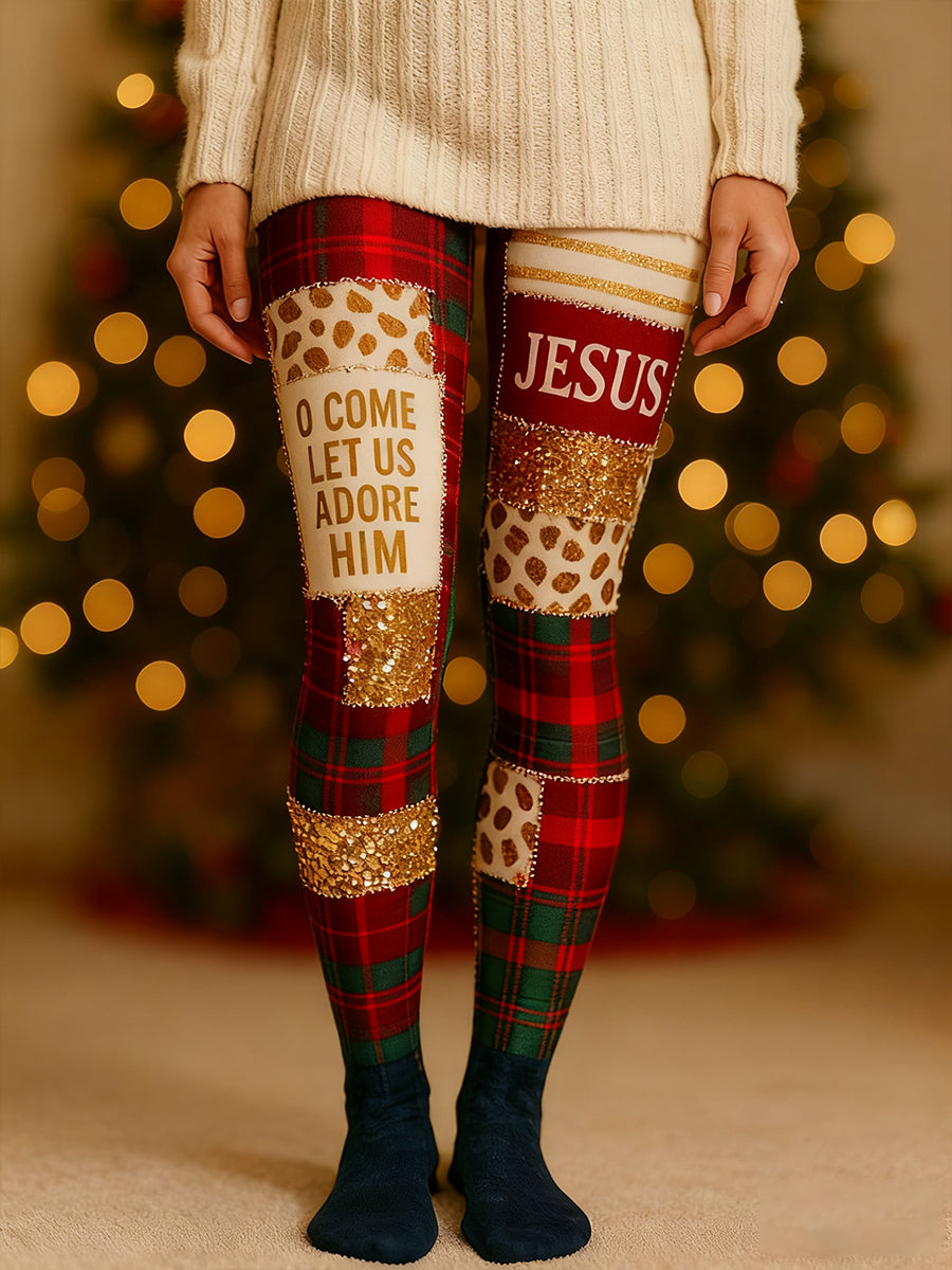Women's Christmas Christian Cross Plaid Printed Leggings