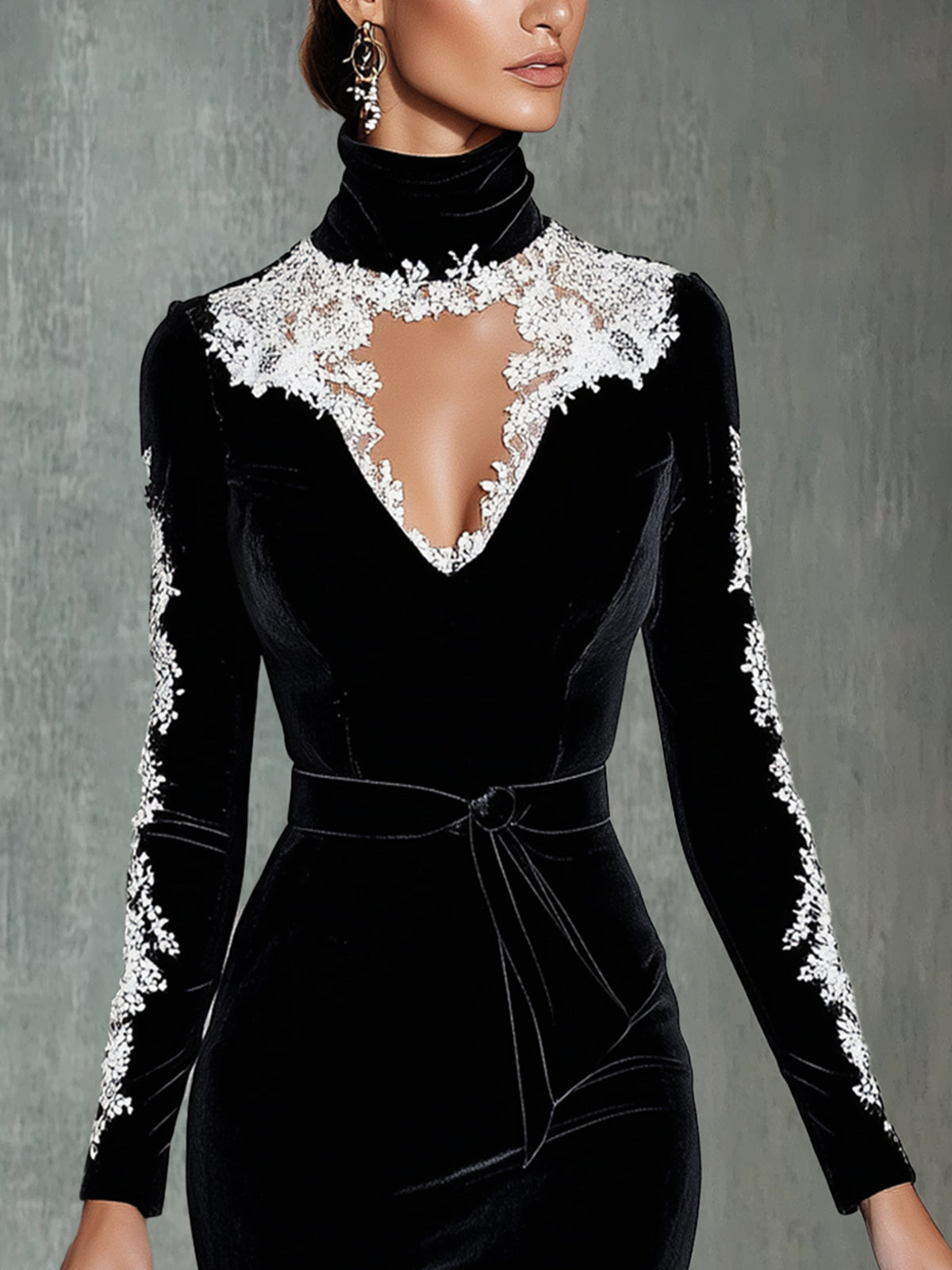 Lace-trimmed Velvet Midi Dress With Embroidered Sleeves