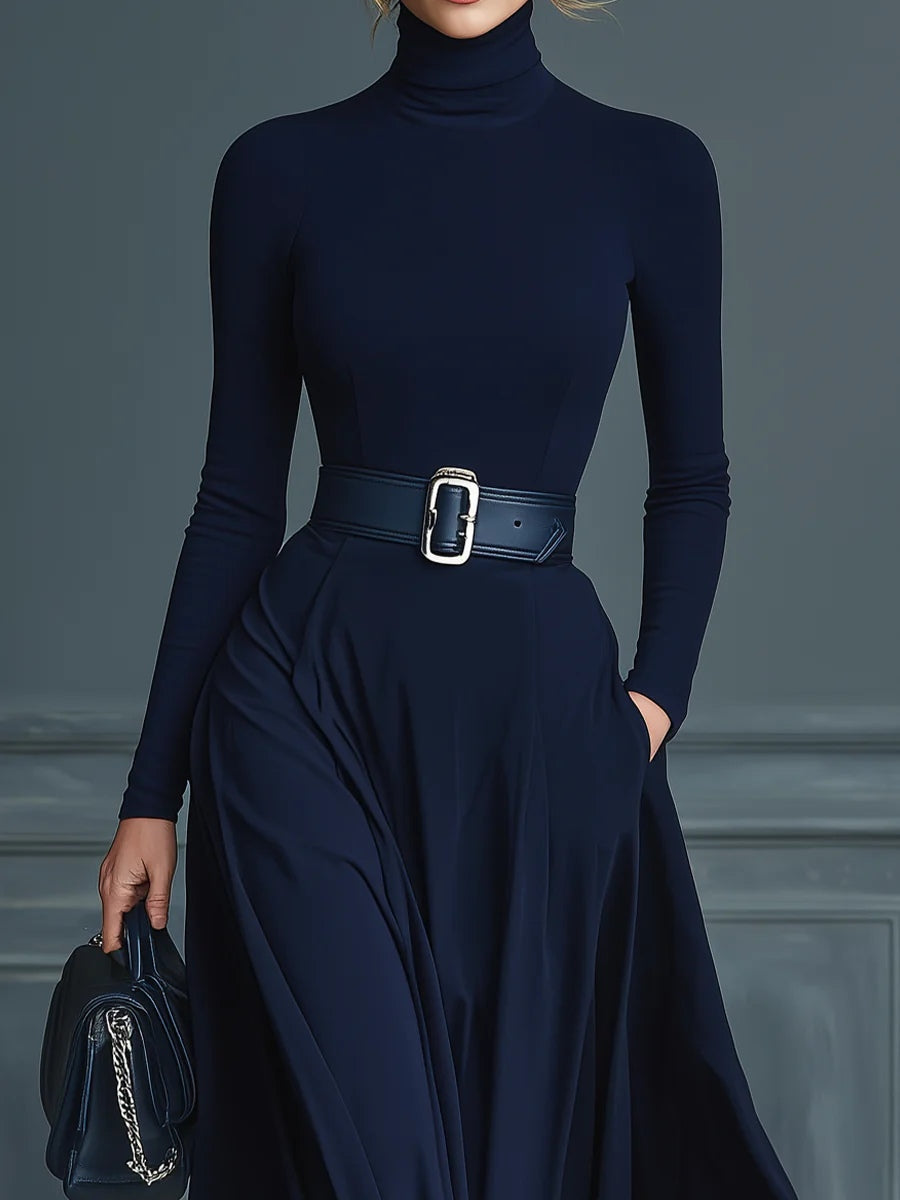 Dark Blue Knitted High-neck Dress
