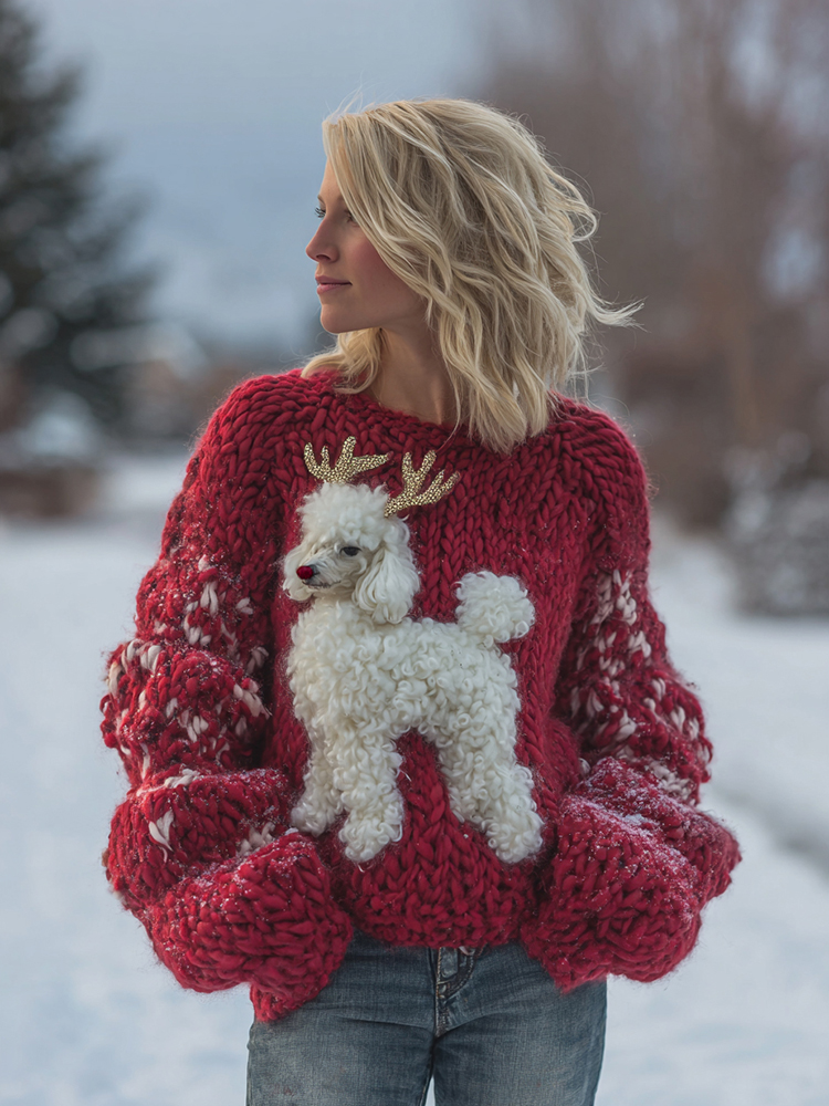 Poodle Puppy Disguised As Reindeer Christmas Chunky Knit Sweater