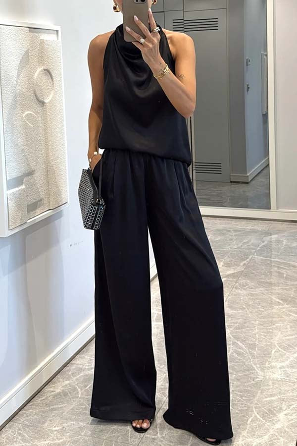Classic on You Satin High Cowl Neck Top and Elastic Waist Pocket Loose Pants Set