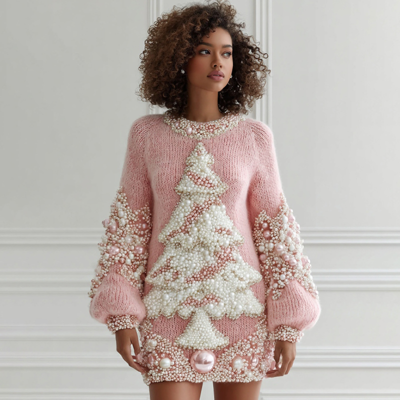 Women's Christmas Tree Pearl Pearl Embroidery Art Cozy Sweater Dress