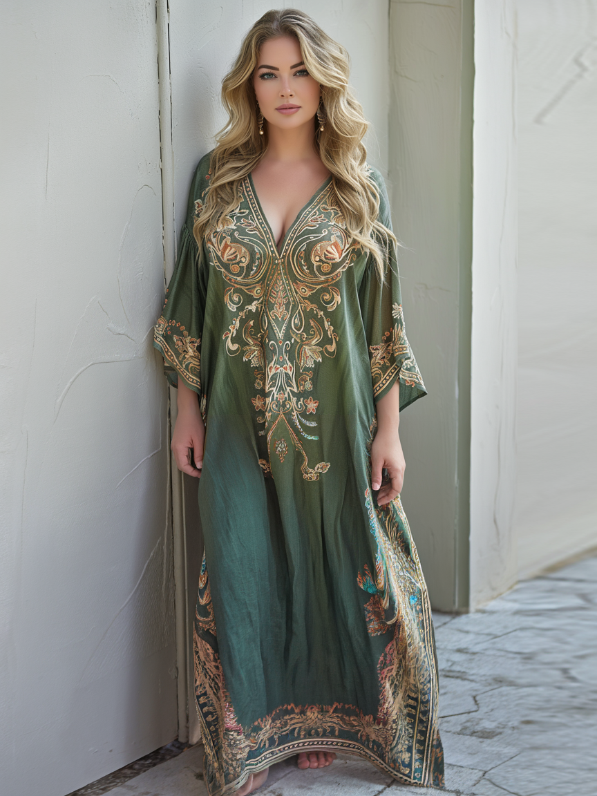 Contton & Linen Long Sleeve Baroque Style  Kaftan Maxi Dress