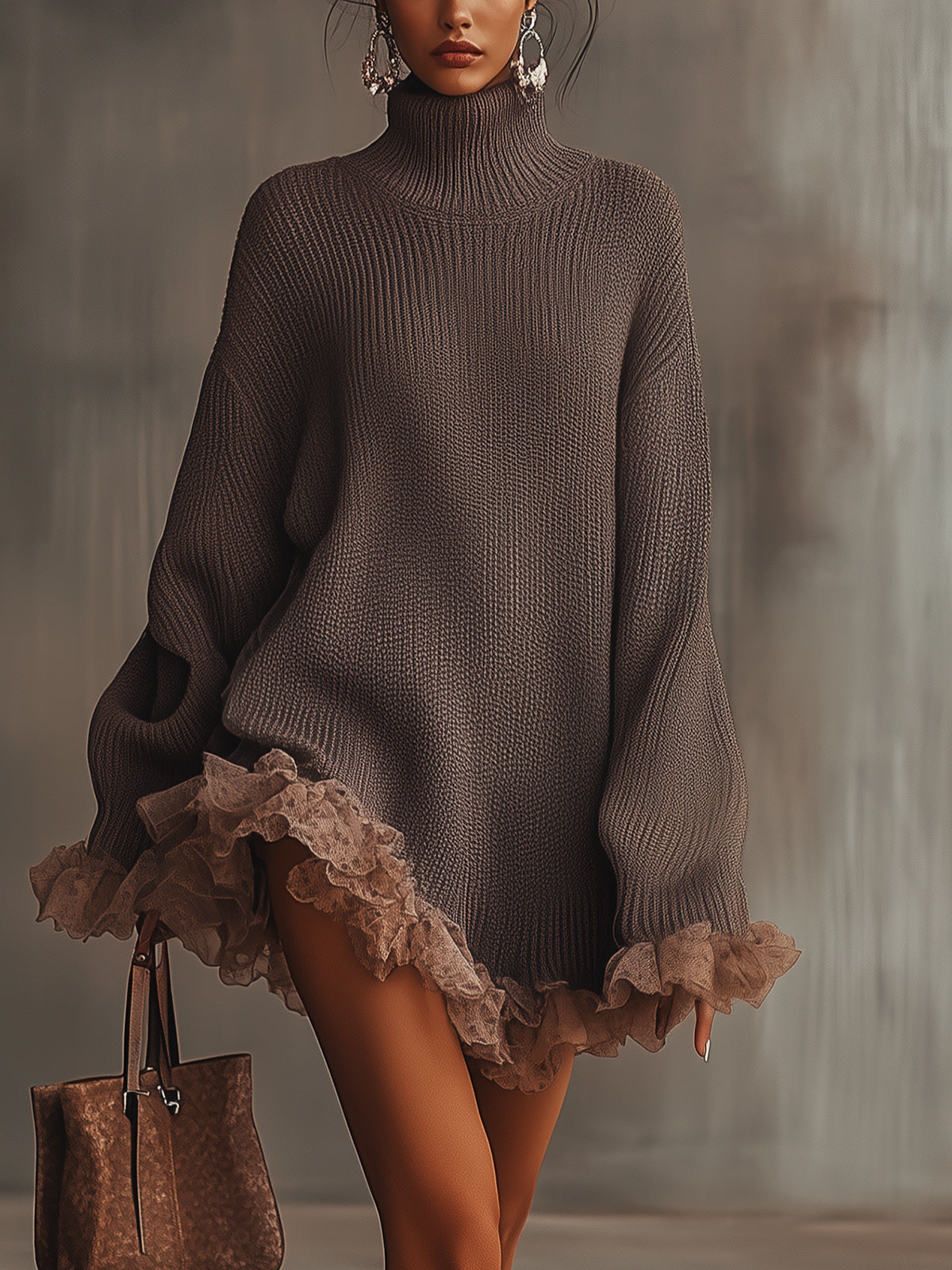 Brown Ruffled Hem Turtleneck Sweater Dress