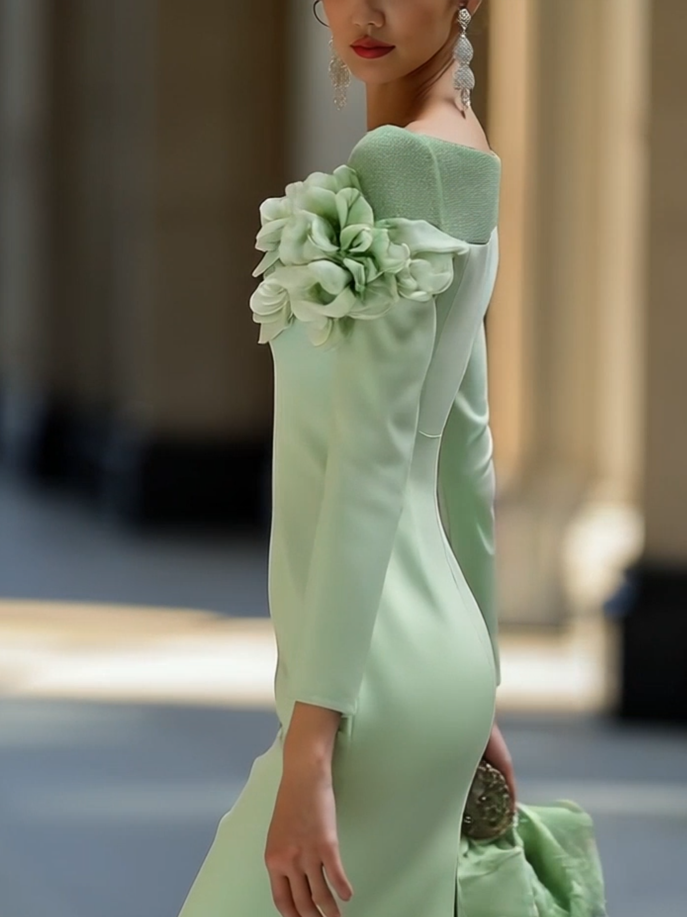 Shipping Light Green Midi Pencil Dress With Mesh And 3D Flower Decoration