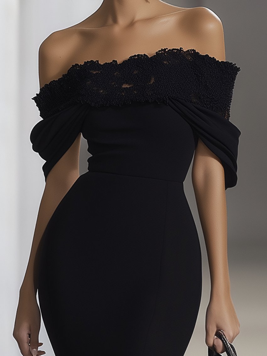 Shipping Off Shoulder Black Chiffon Dress With Lace