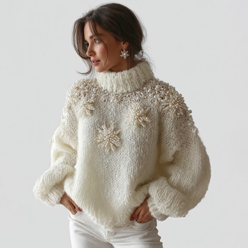 Women's White Christmas Decorations Snoeflake Art High Neck Sweater