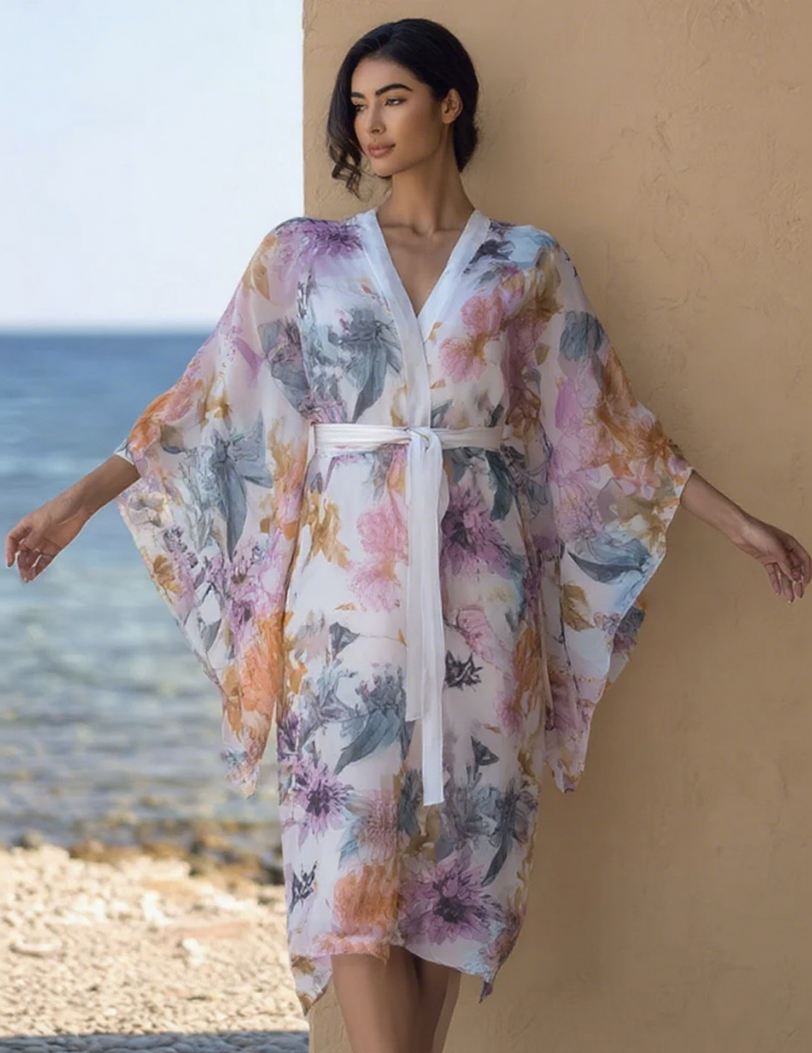 Chiffon Art Resort Pattern Kimono Robe (with Belt)